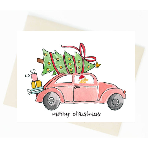Christmas VW Beetle Golden Retriever Card